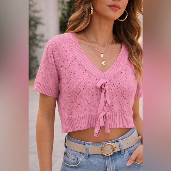 Day + Moon Tops - Day + Moon Pink Bow Tie Front Cropped Cardigan Coquette Knit Short Sleeve Size L